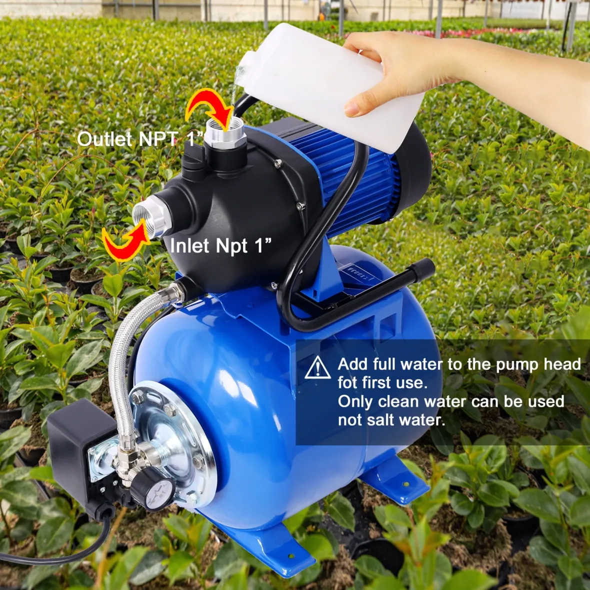 1.6HP Shallow Well Pump, Garden Water Pump with Pressure Tank, Irrigation Pump Automatic Water Booster Pump with Stainless Steel Head for Home Garden Lawn Farm, Blue