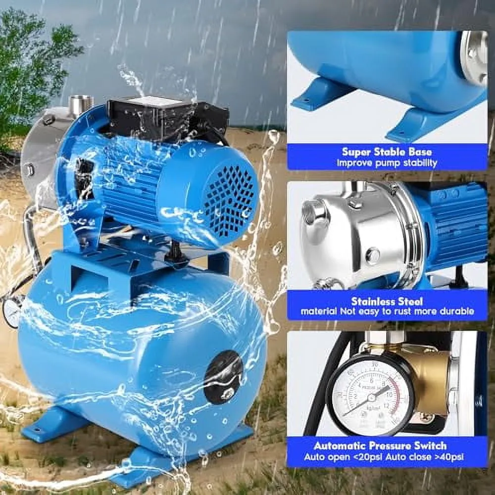 1.6HP Shallow Well Pump with Pressure Tank, 1340GPH Irrigation Jet Pump with 6-Gal Pressure Tank Automatic Booster System for Home, Farm, Pool,Maximum Head 157FT, 115V