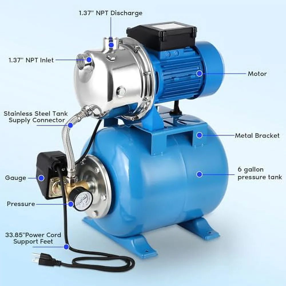 1.6HP Shallow Well Pump with Pressure Tank, 1340GPH Irrigation Jet Pump with 6-Gal Pressure Tank Automatic Booster System for Home, Farm, Pool,Maximum Head 157FT, 115V