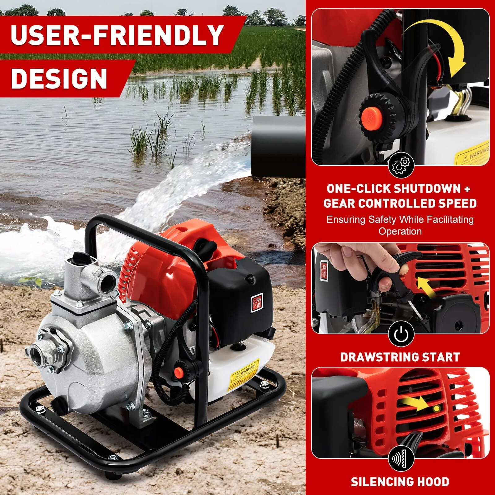 1'In Gasoline Water Pump 1.7 HP 2 Stroke Engine Gas-Powered Semi-Trash Water Transfer Pump