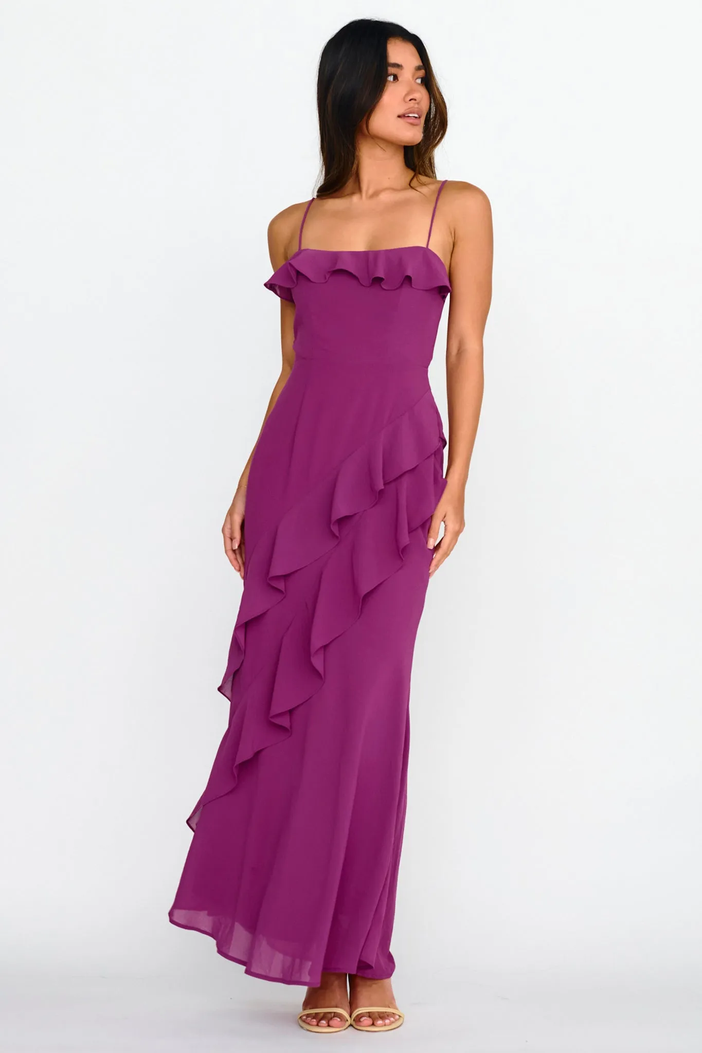 Actual Sunshine Ruffle Trim Maxi Dress Plum