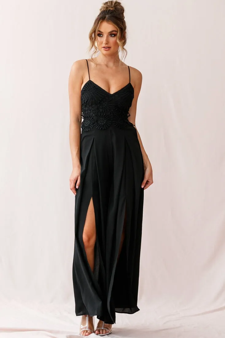 Ada Applique Embroidery Bust Wide Leg Jumpsuit Black