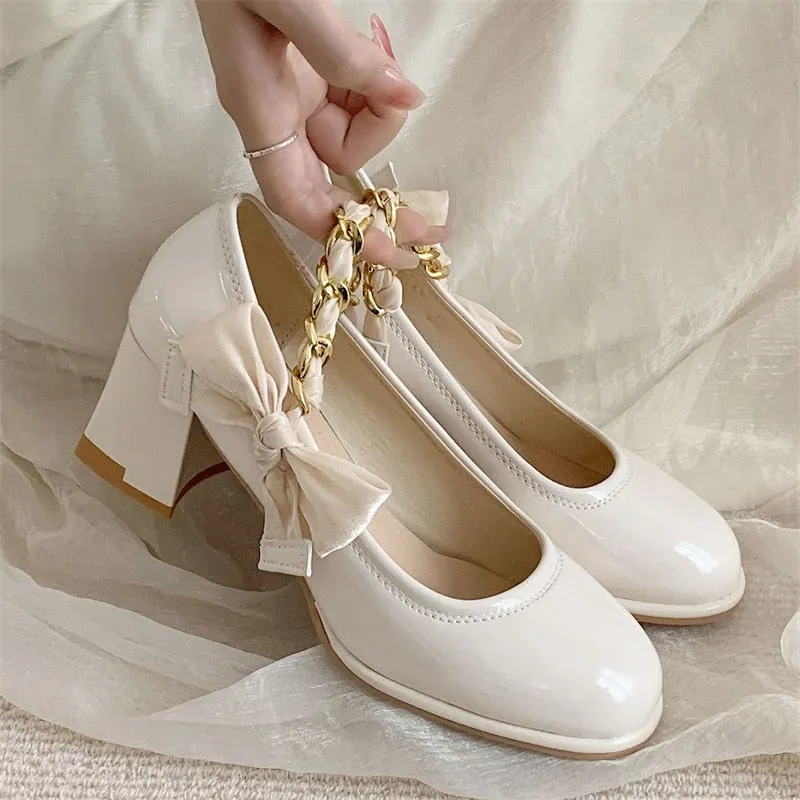 Advbridge Leather Mary Janes Shoes Women Platform Butterfly Knot Decorate Ladies High Heels Shoes Pumps Woman Elegant Retro White New