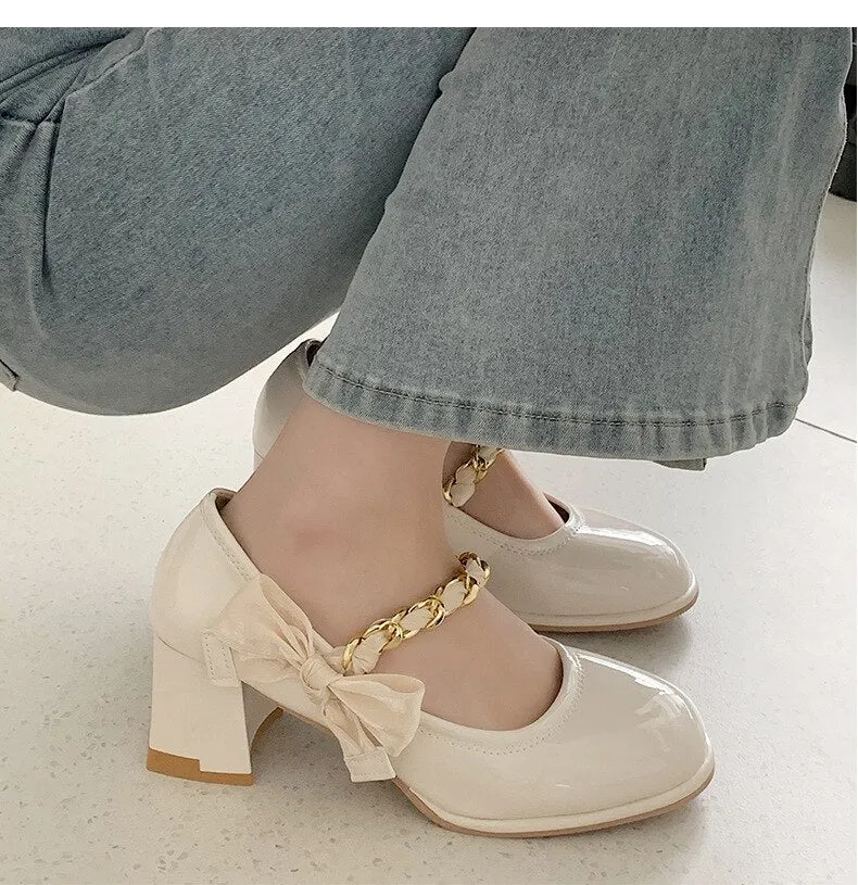 Advbridge Leather Mary Janes Shoes Women Platform Butterfly Knot Decorate Ladies High Heels Shoes Pumps Woman Elegant Retro White New