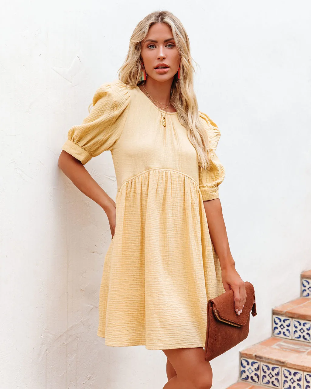 Amber Cotton Pocketed Puff Sleeve Dress - Yellow - FINAL SALE