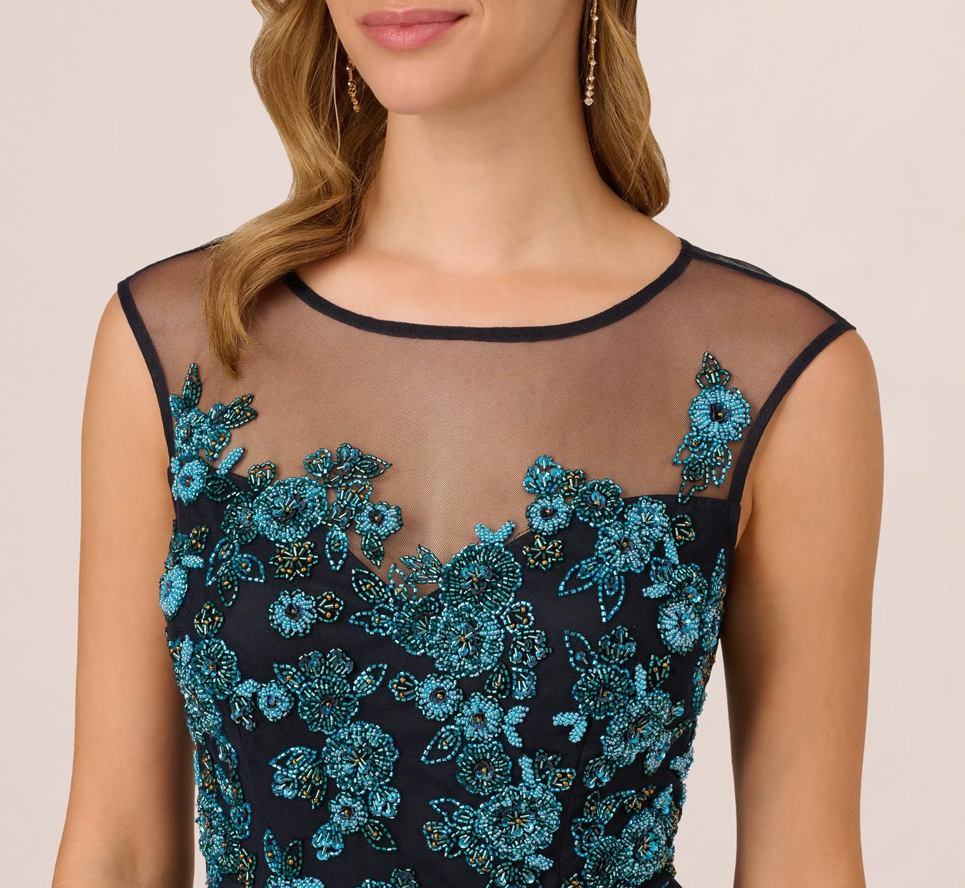 Beaded Midi Dress With Tulle Skirt In Midnight Multi