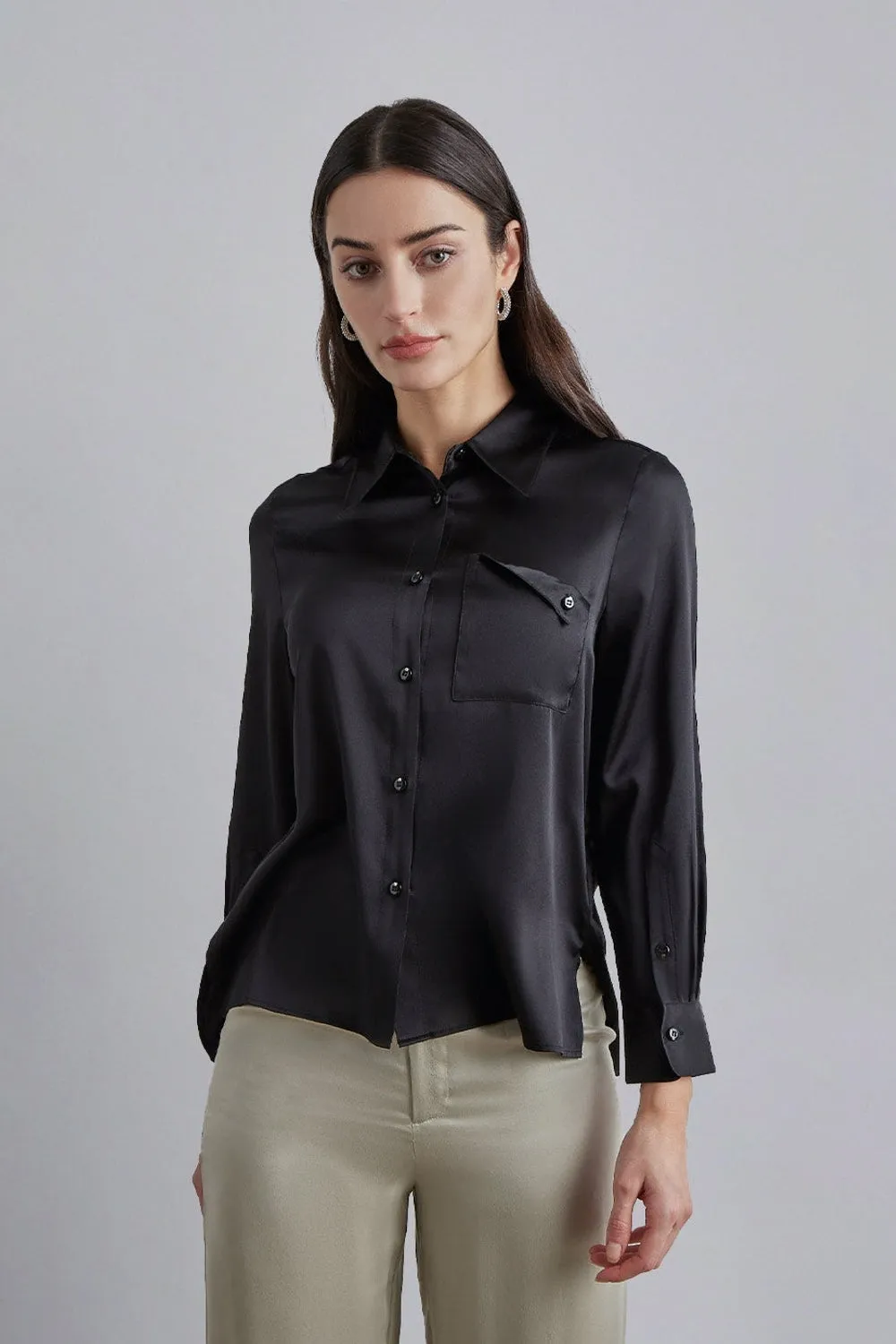 Black Front Pocket Silk Blouse Top