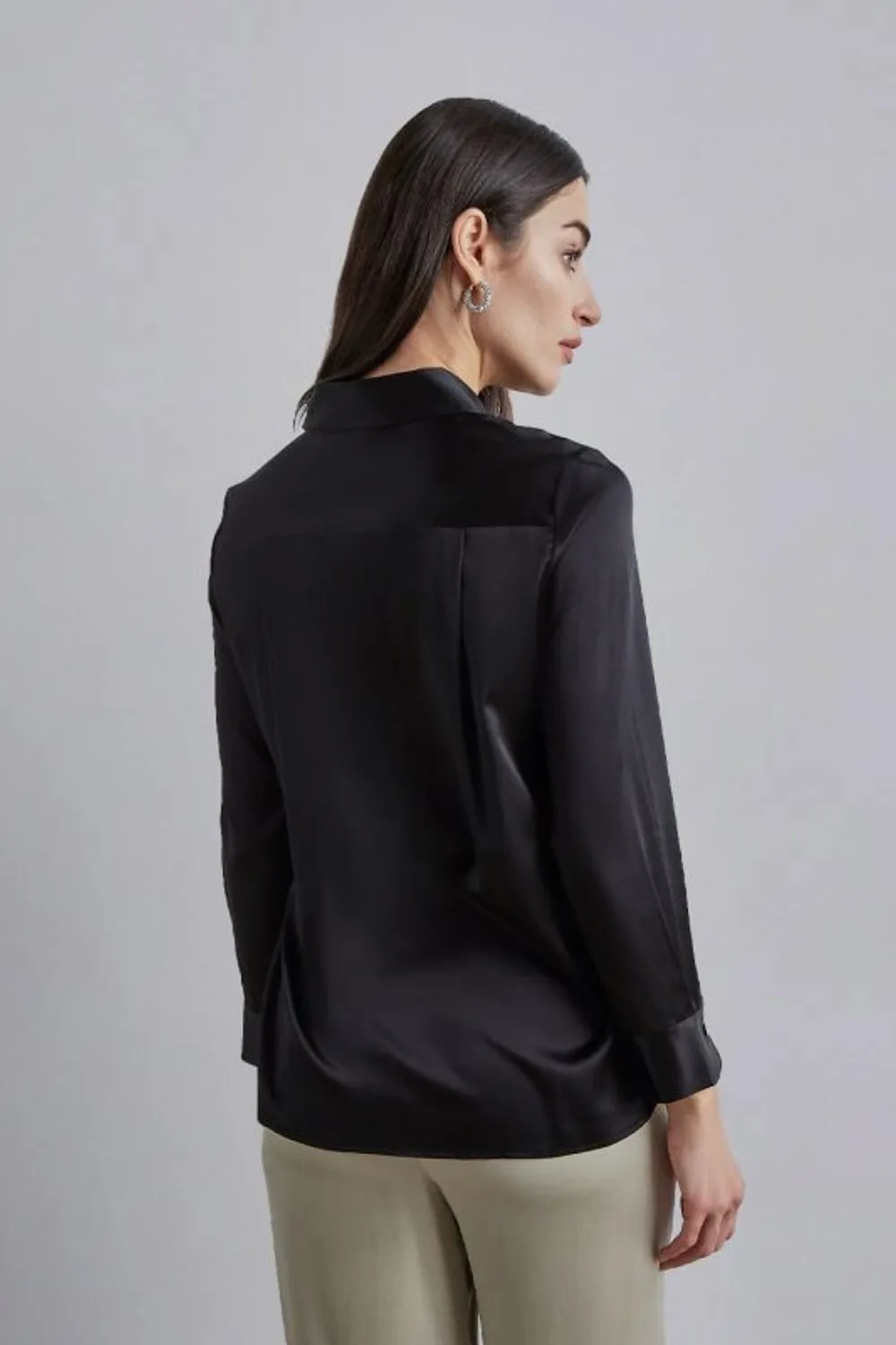 Black Front Pocket Silk Blouse Top