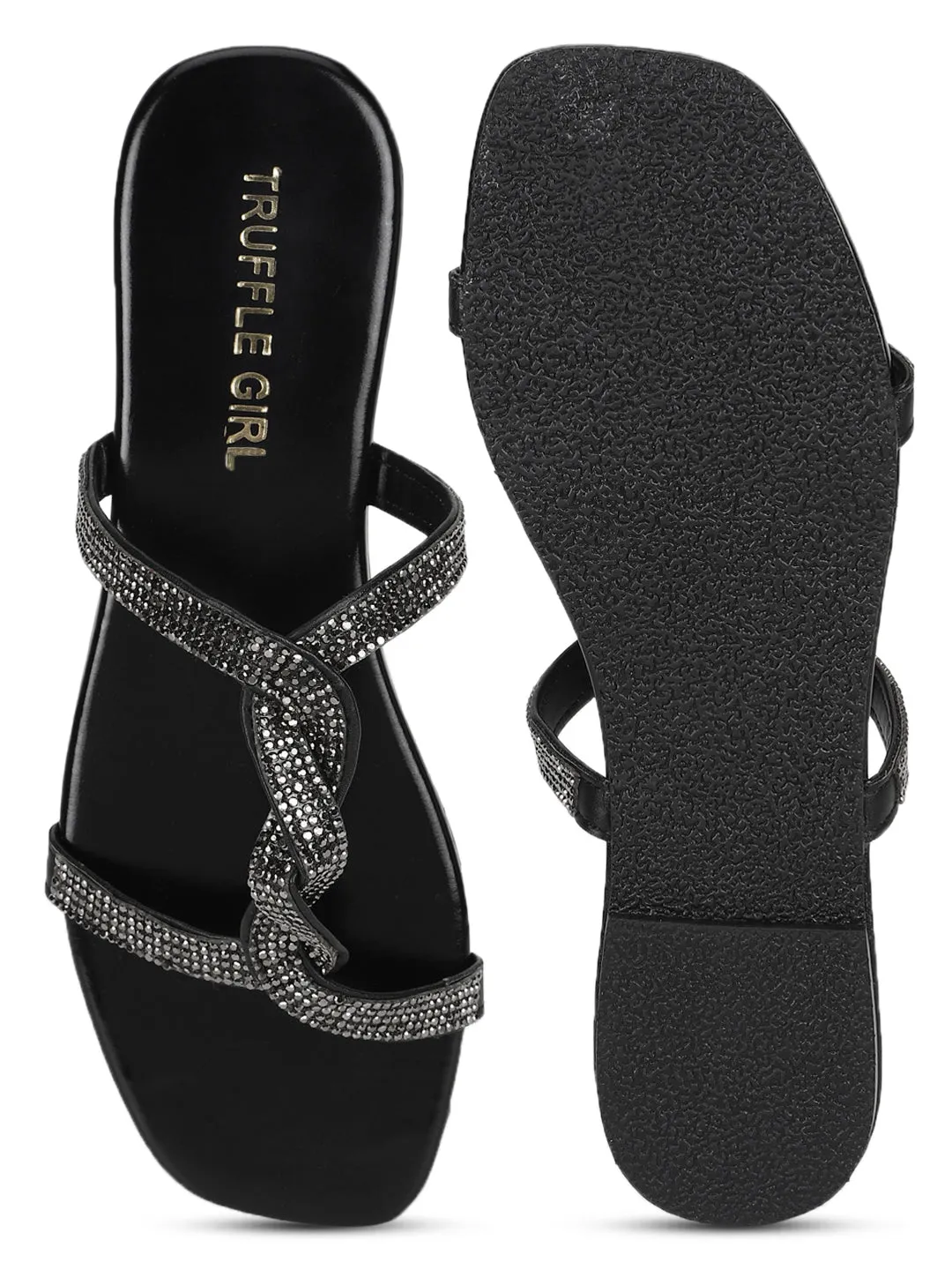 Black PU Twisted Diamante Strap Slip Ons (TC-ST-1218-BLK)