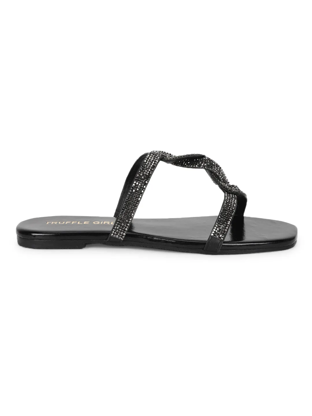 Black PU Twisted Diamante Strap Slip Ons (TC-ST-1218-BLK)