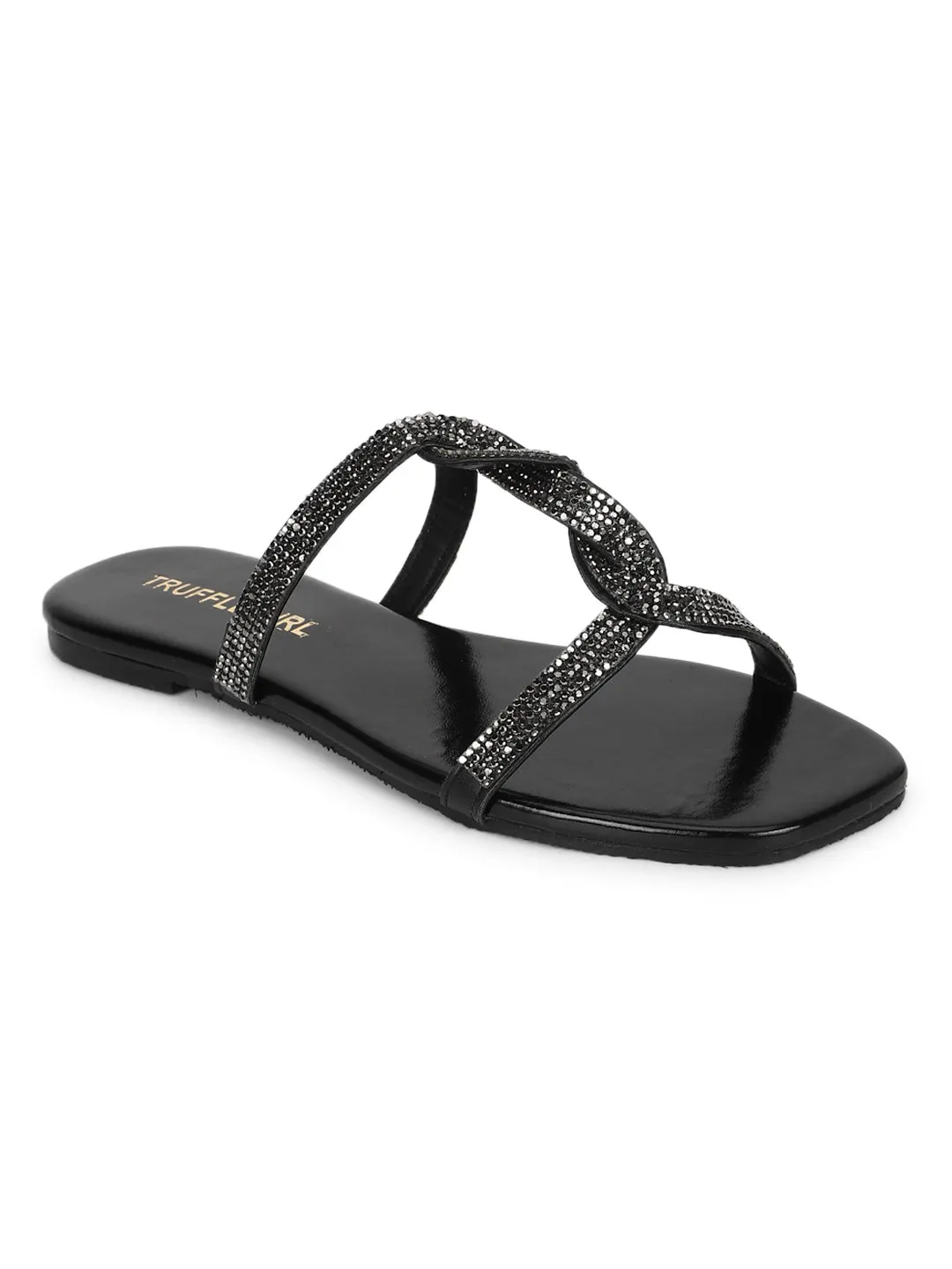 Black PU Twisted Diamante Strap Slip Ons (TC-ST-1218-BLK)