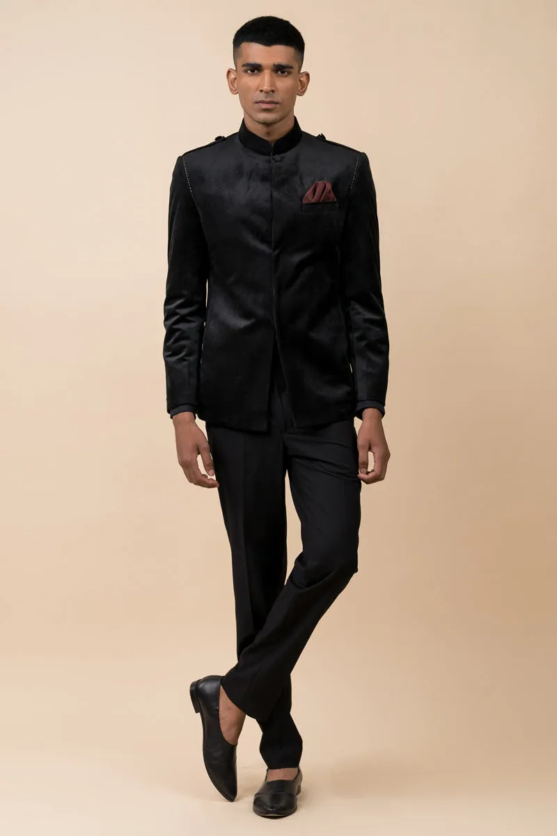 Black Velvet Bandhgala With Belt Detailing