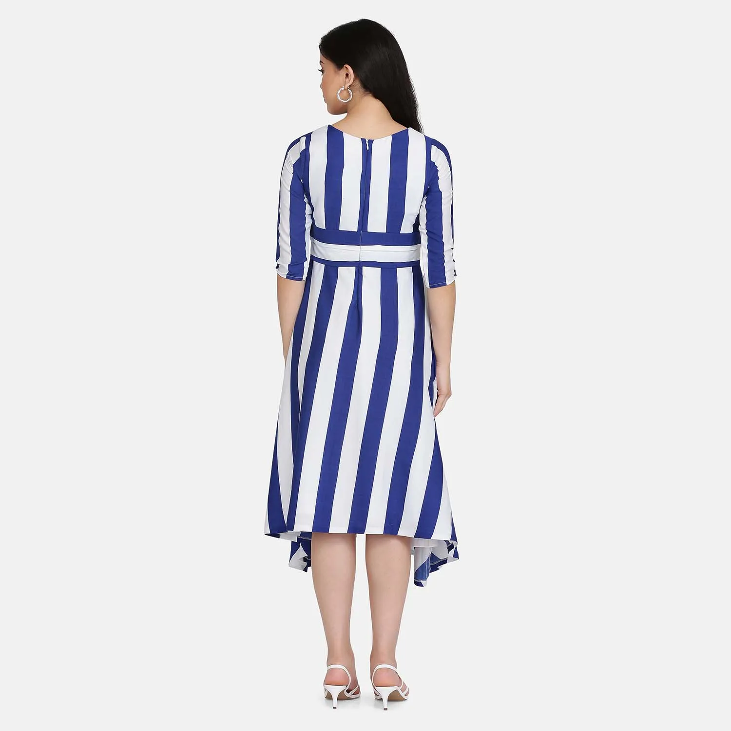 Blue & White Striped Crepe Flare Belted Dress