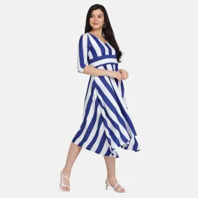 Blue & White Striped Crepe Flare Belted Dress