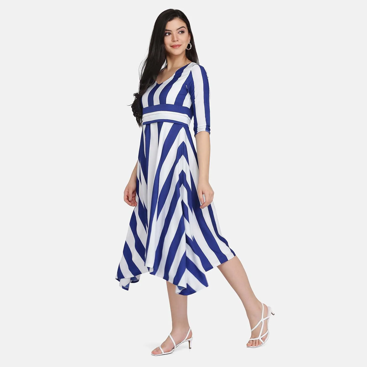 Blue & White Striped Crepe Flare Belted Dress