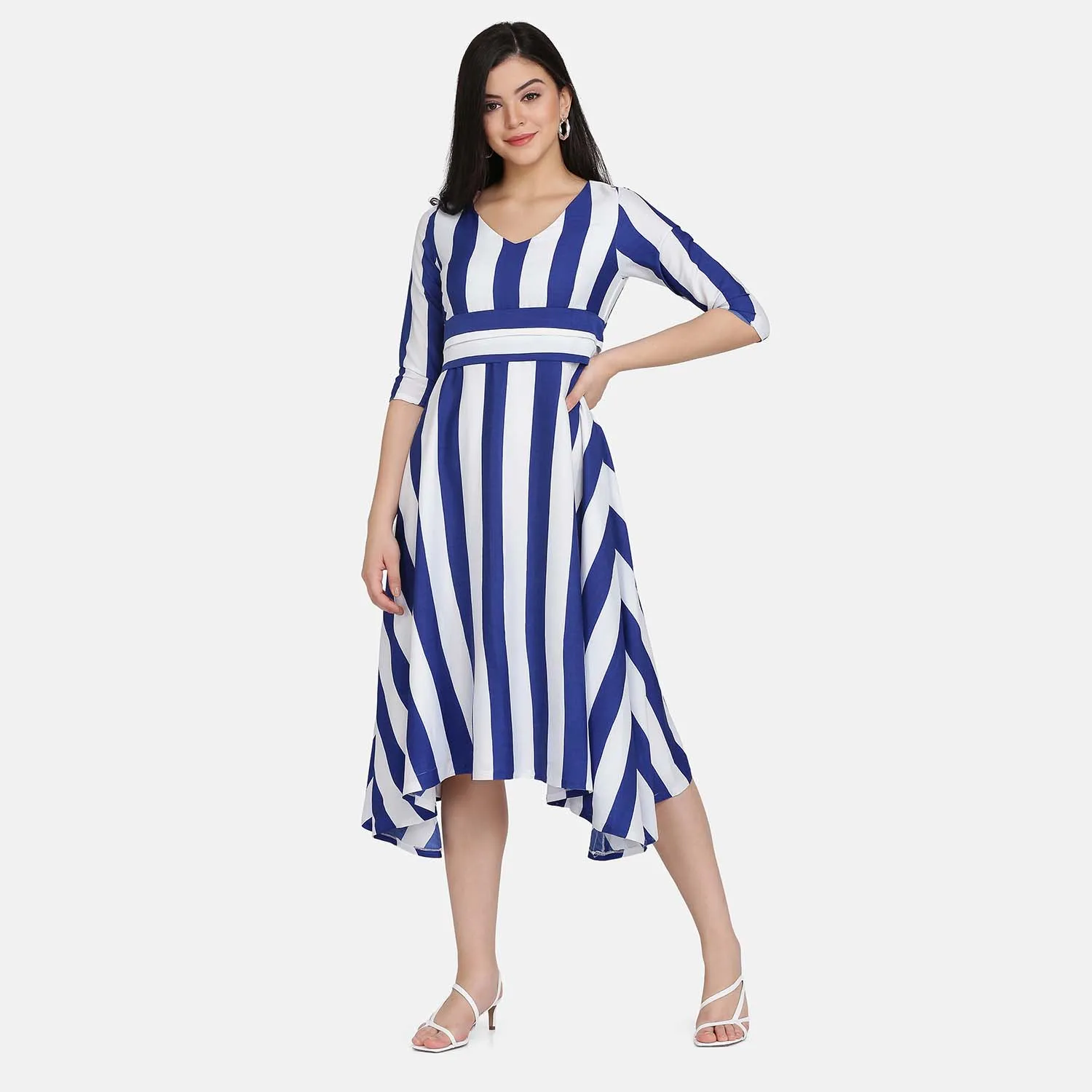 Blue & White Striped Crepe Flare Belted Dress