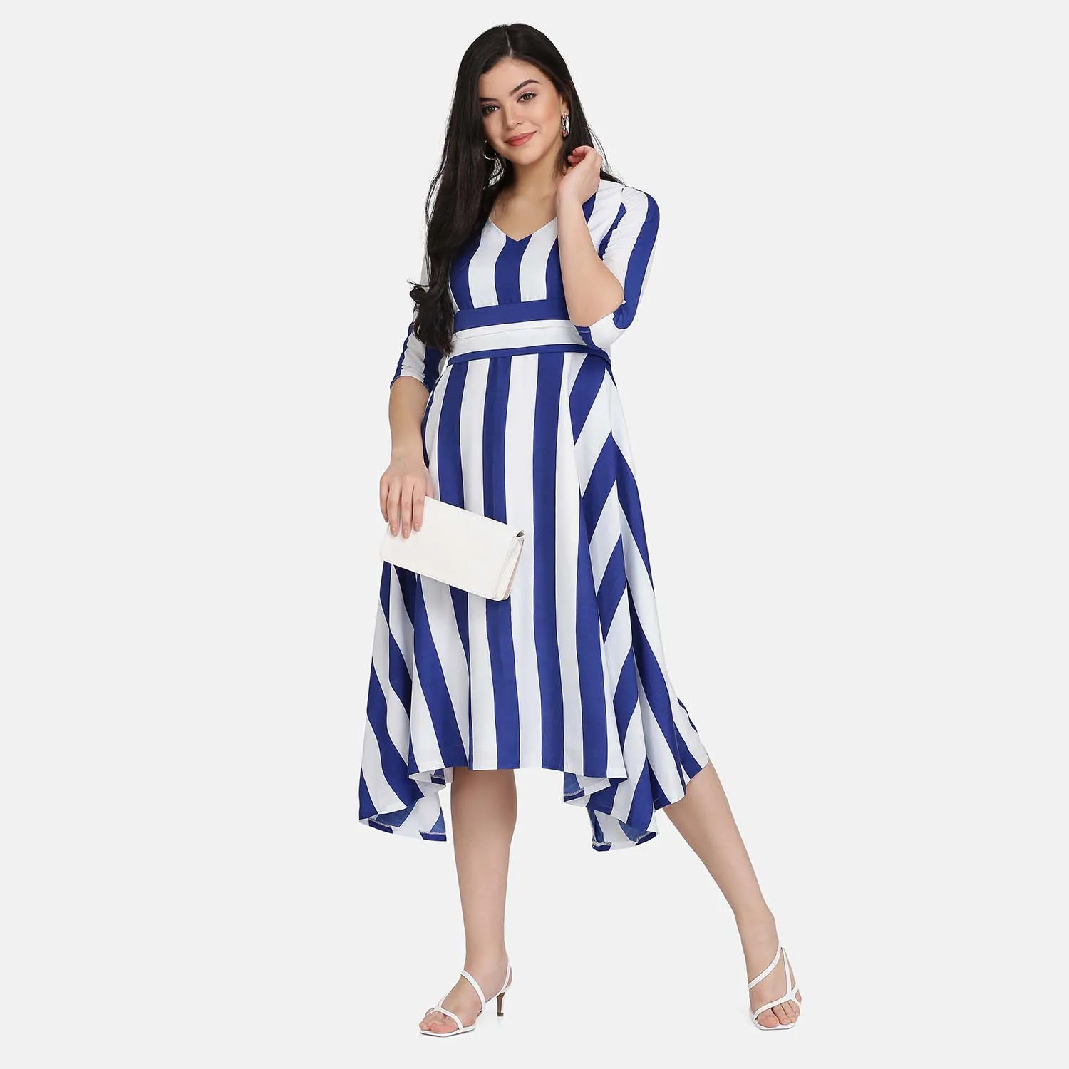 Blue & White Striped Crepe Flare Belted Dress