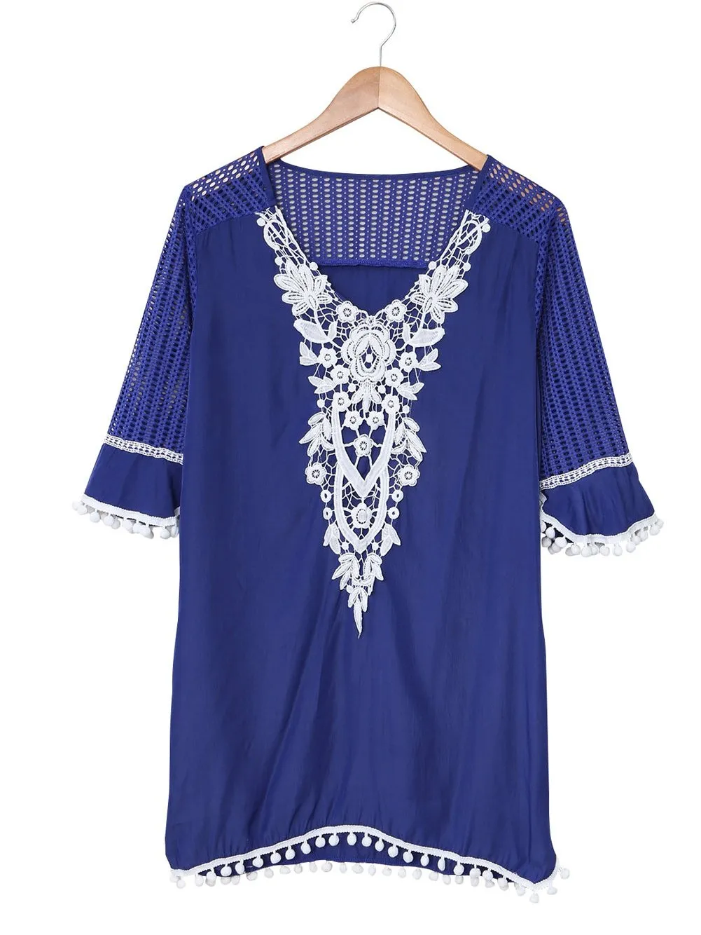 Blue Crochet Beach Tunic with Pom Pom Trim