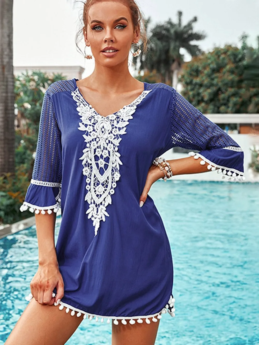 Blue Crochet Beach Tunic with Pom Pom Trim