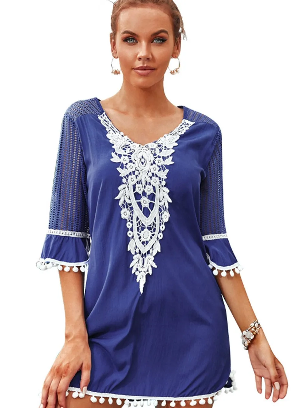 Blue Crochet Beach Tunic with Pom Pom Trim