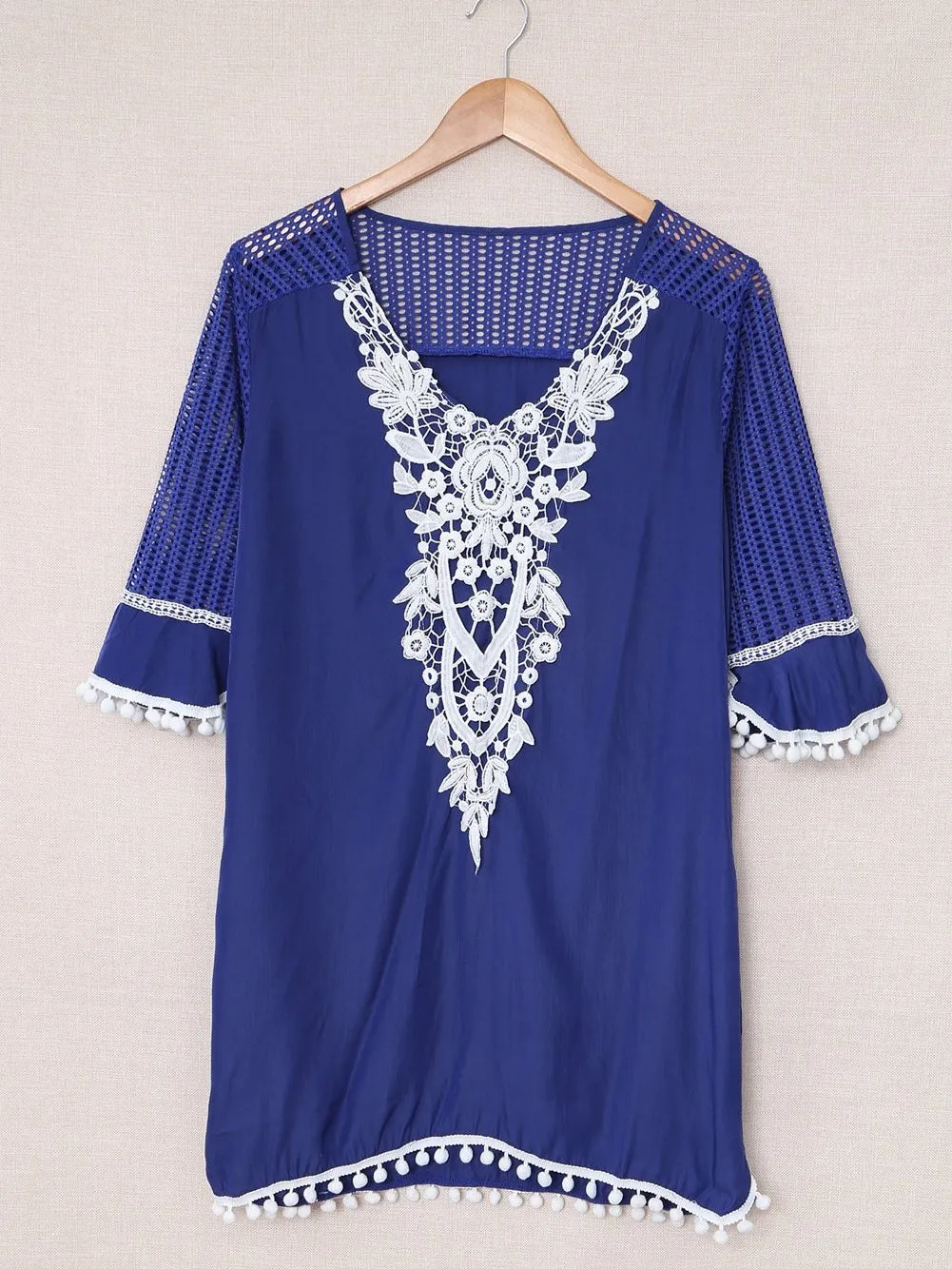 Blue Crochet Beach Tunic with Pom Pom Trim