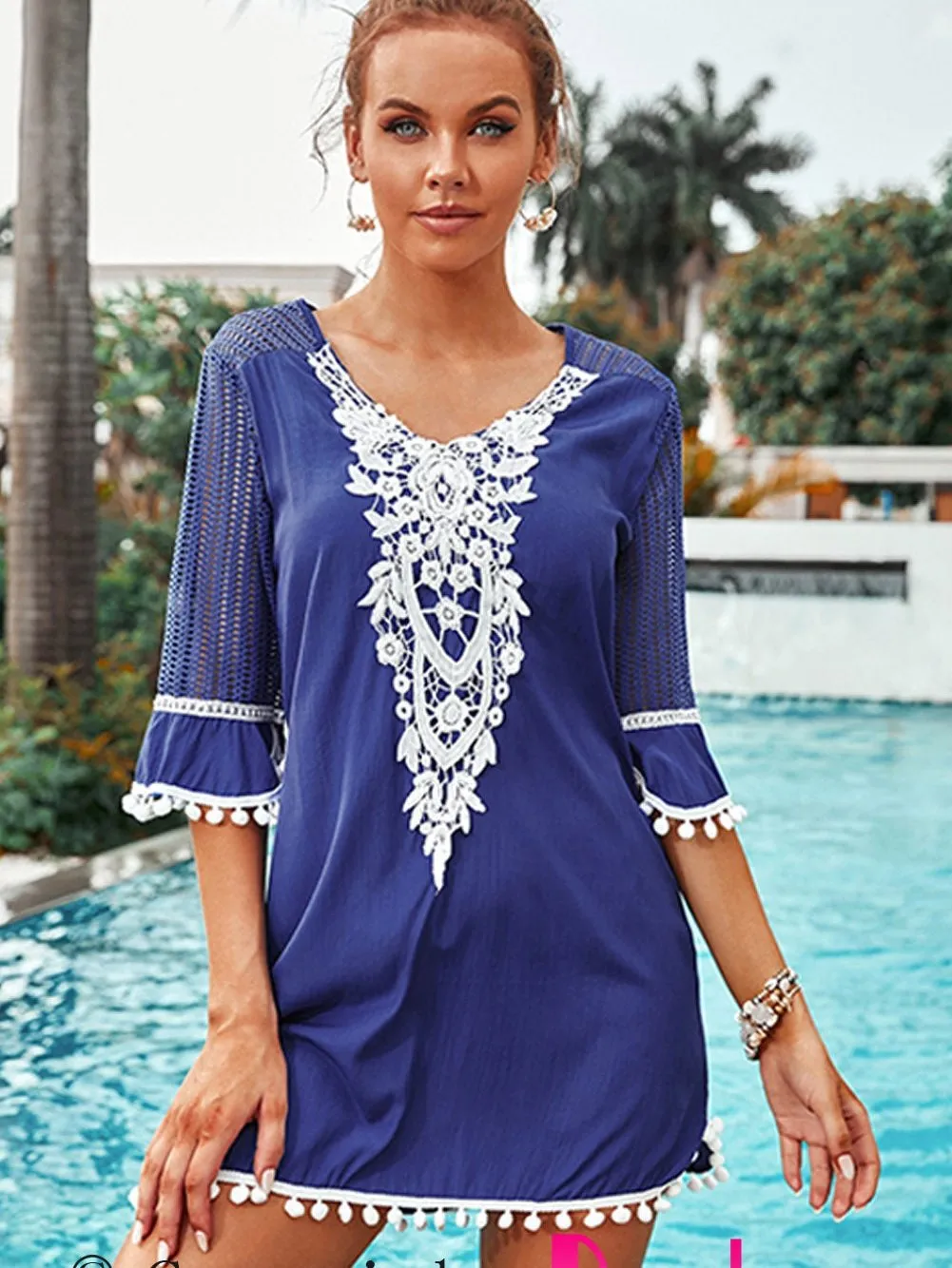 Blue Crochet Beach Tunic with Pom Pom Trim