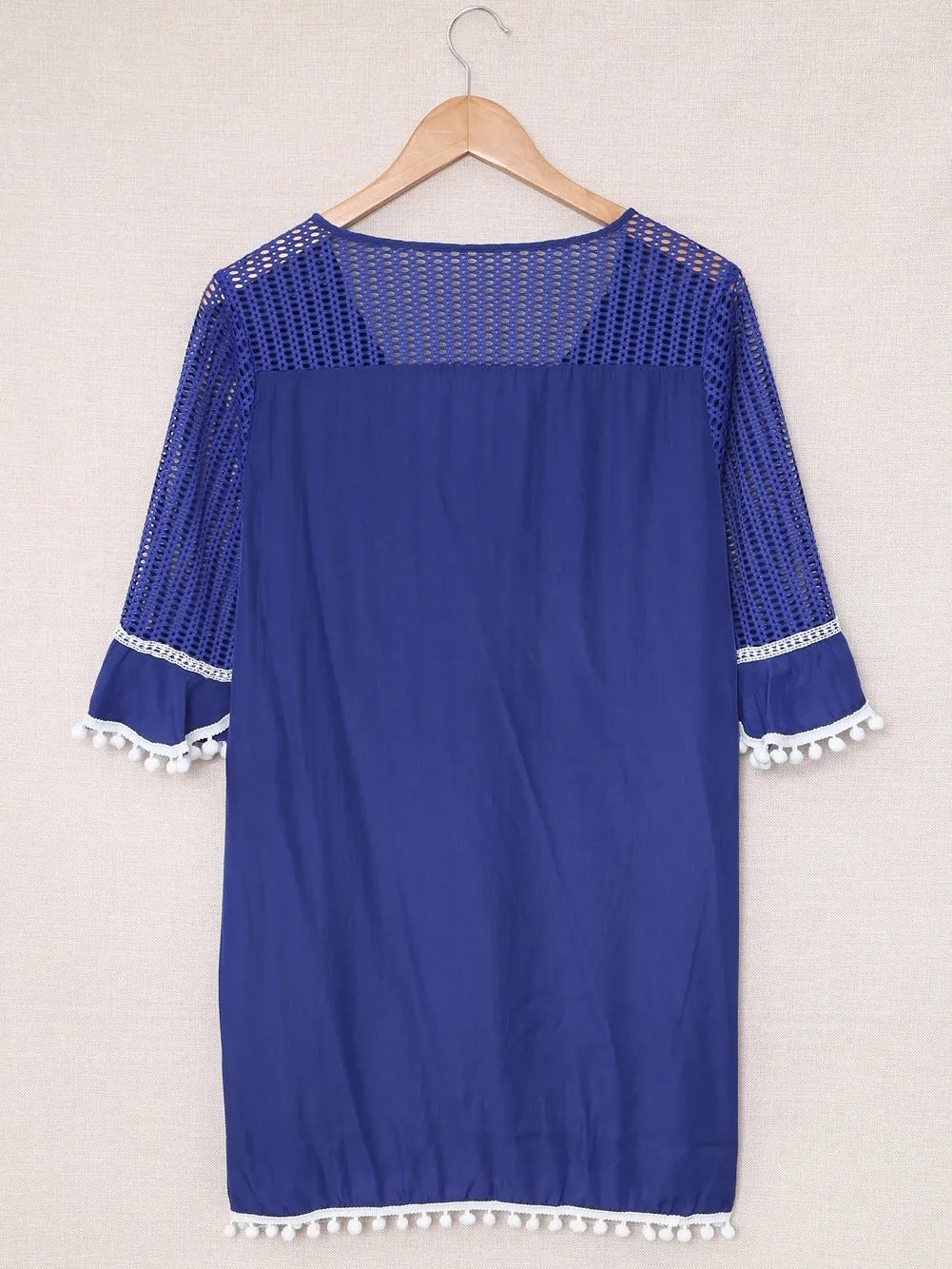 Blue Crochet Beach Tunic with Pom Pom Trim