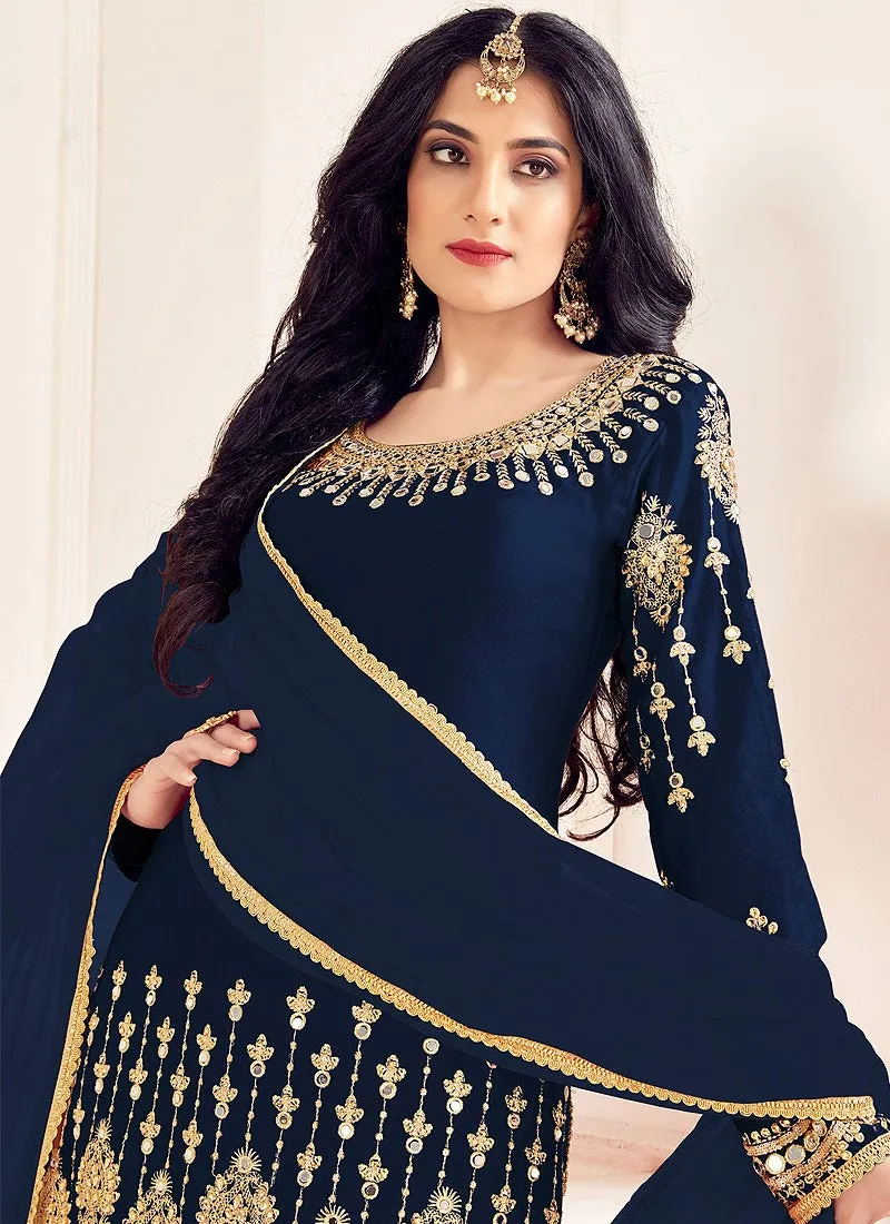 Blue Patiala Style Mirror Embroidered Punjabi Suit