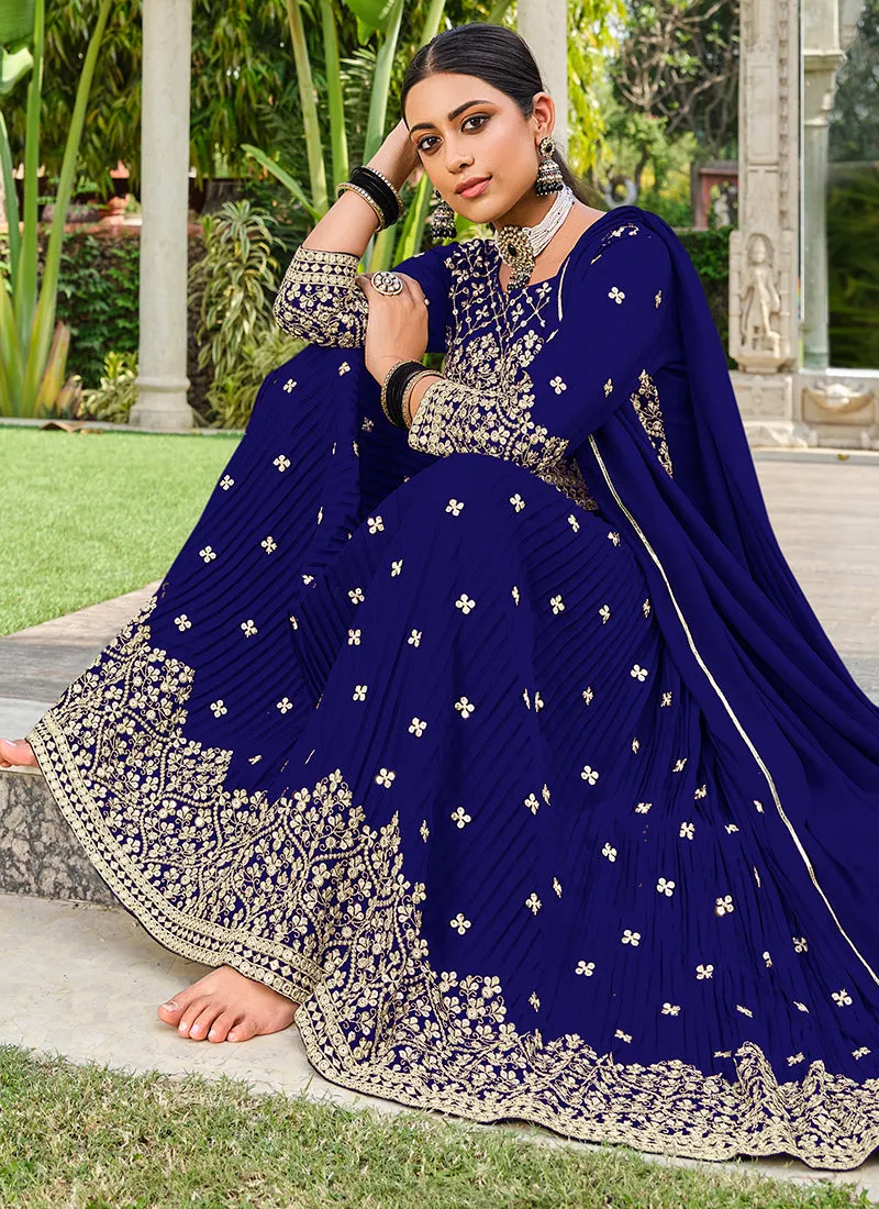 Blue Sequence Embroidery Georgette Anarkali Palazzo Suit