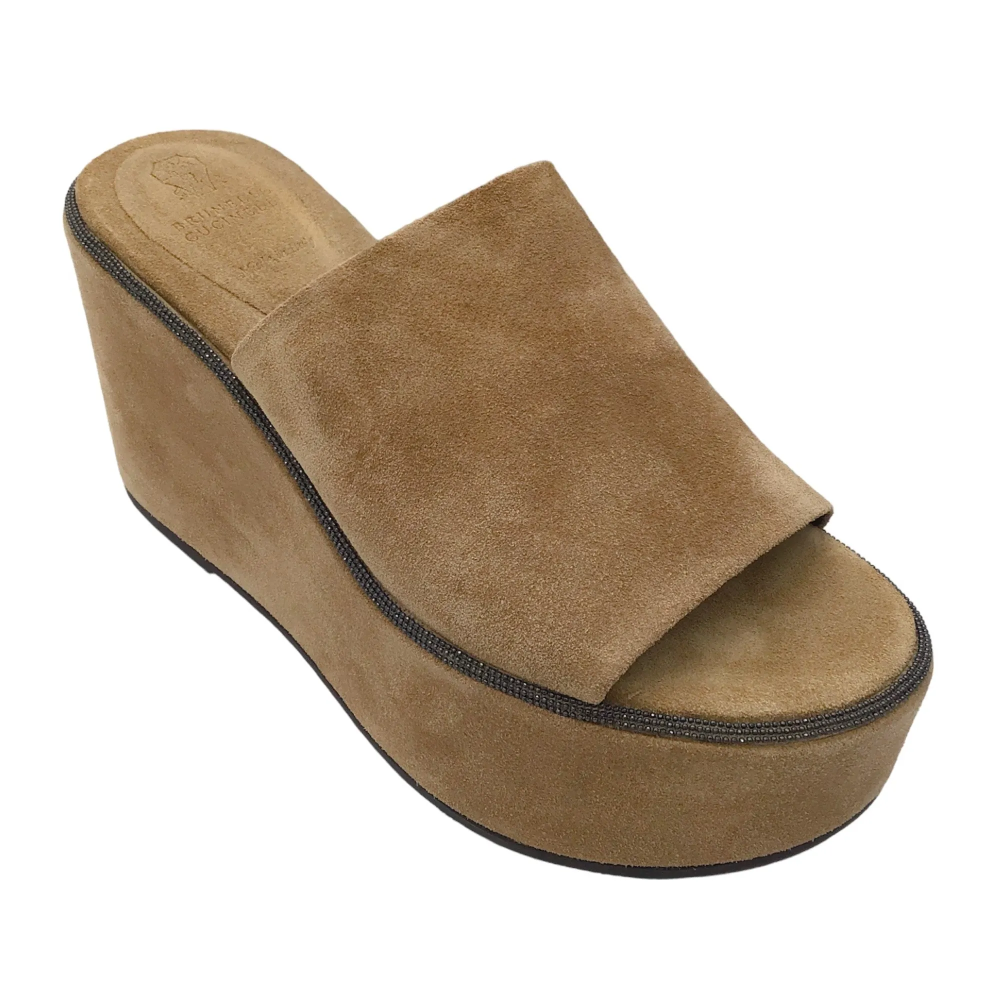 Brunello Cucinelli Beige Monili Beaded Suede Platform Wedge Slide Sandals