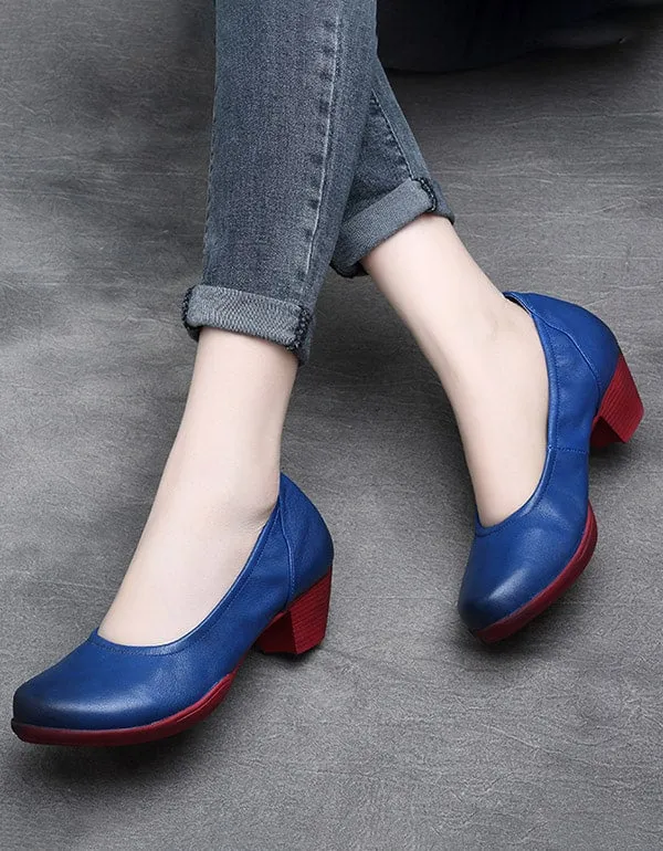 Comfortable Retro Leather Chunky Hee Pumps