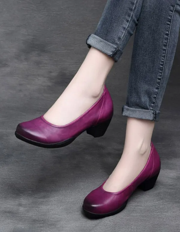 Comfortable Retro Leather Chunky Hee Pumps