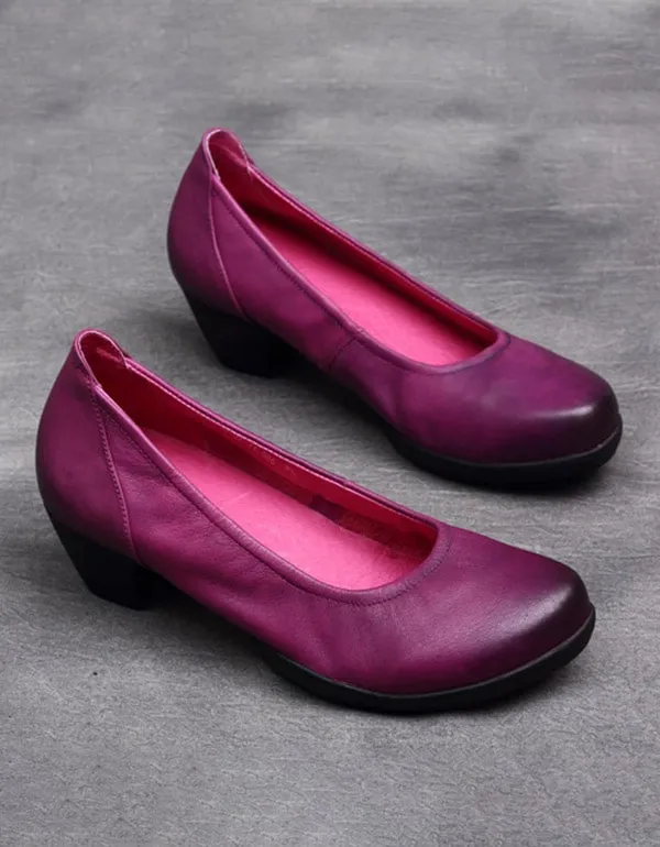 Comfortable Retro Leather Chunky Hee Pumps