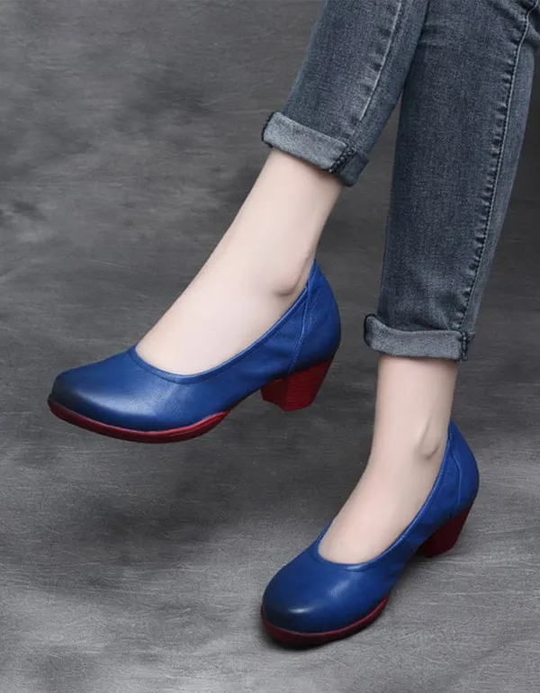 Comfortable Retro Leather Chunky Hee Pumps