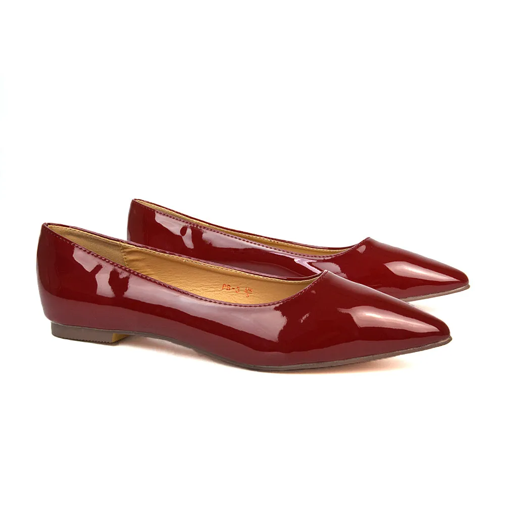 Cordelia Pointed Toe Flat Heel Ballerina Pump Shoes in Cherry Red Patent