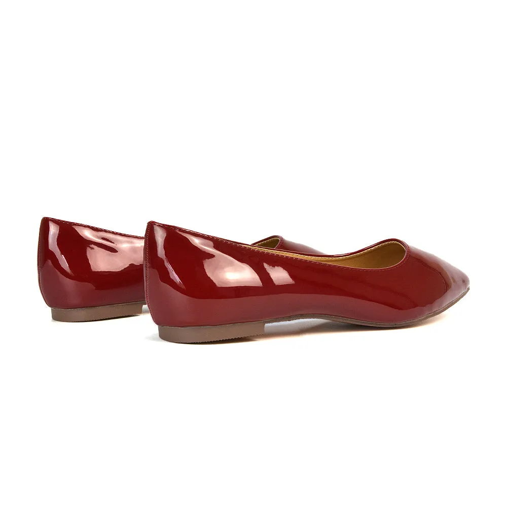 Cordelia Pointed Toe Flat Heel Ballerina Pump Shoes in Cherry Red Patent