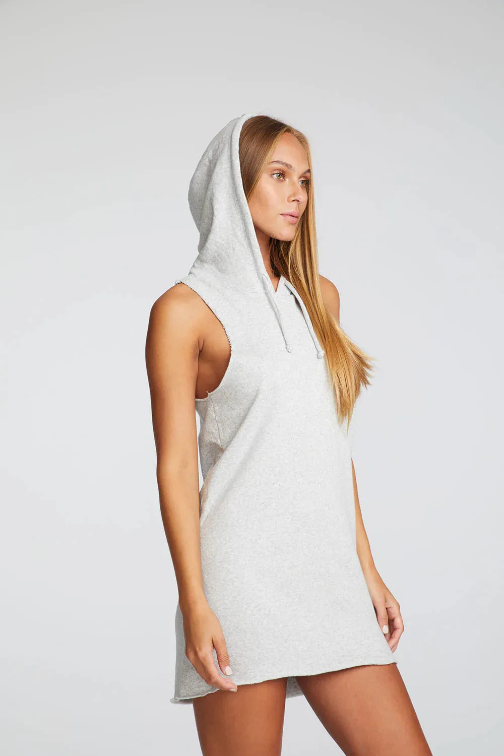 COTTON FLEECE HI LOW SLEEVELESS HOODIE DRESS