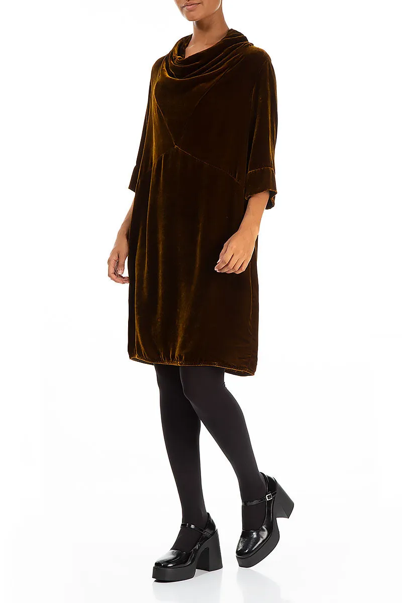 Cowl Neck Gold Silk Velvet Dress