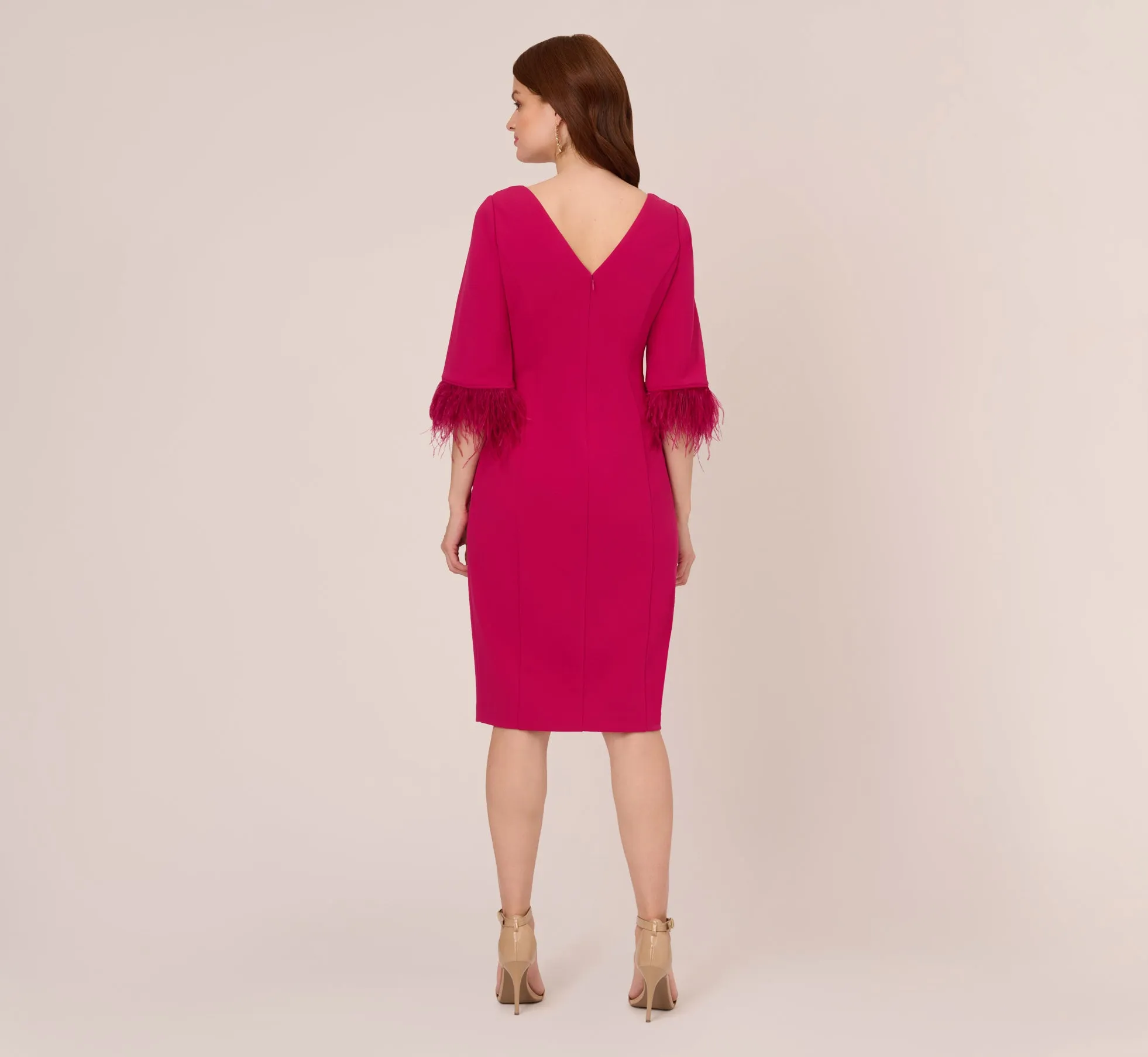 Crepe Sheath Dress With V-Back And Feather-Trim Sleeves In Rich Magenta