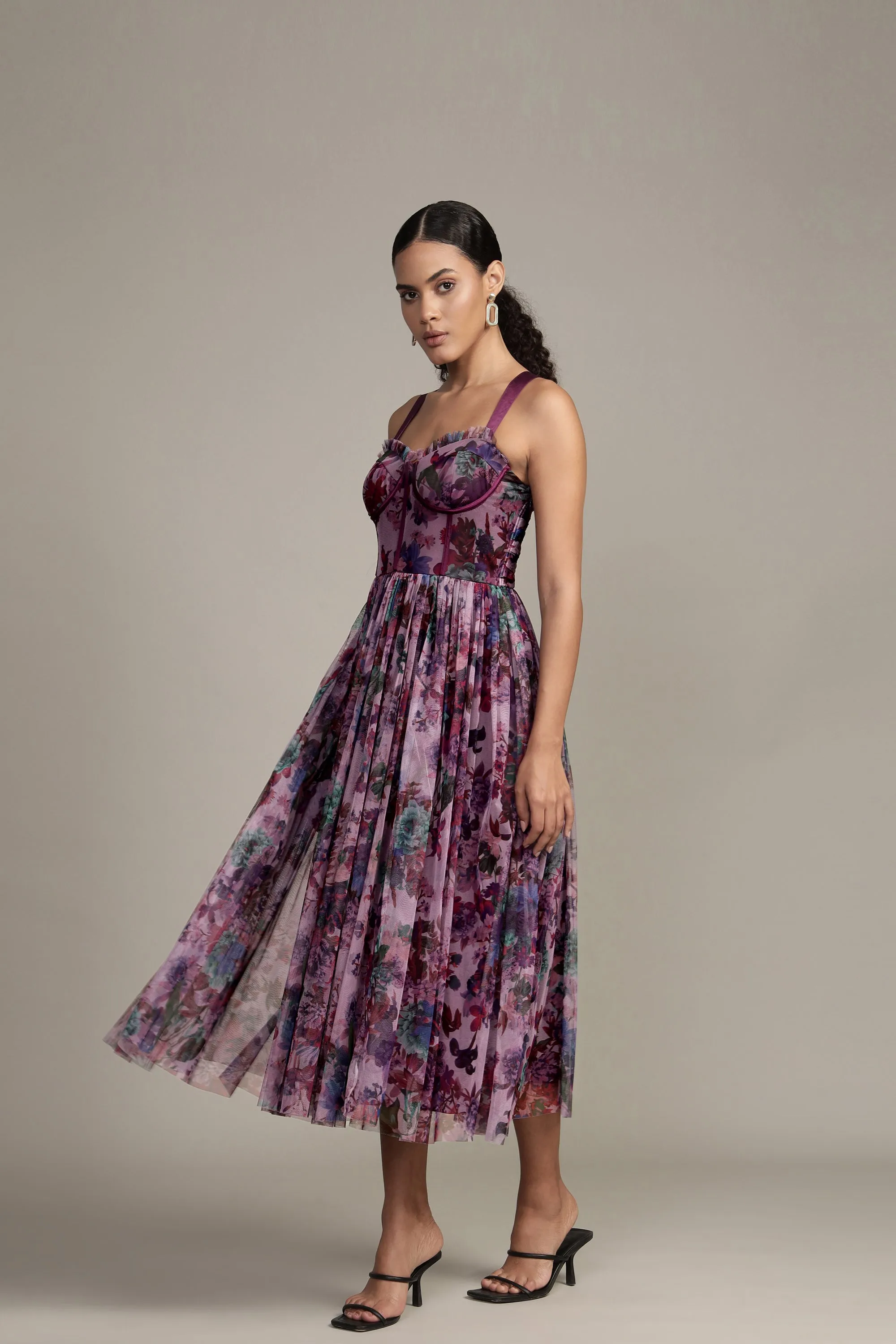 Dane Purple Print Corset Midi Dress