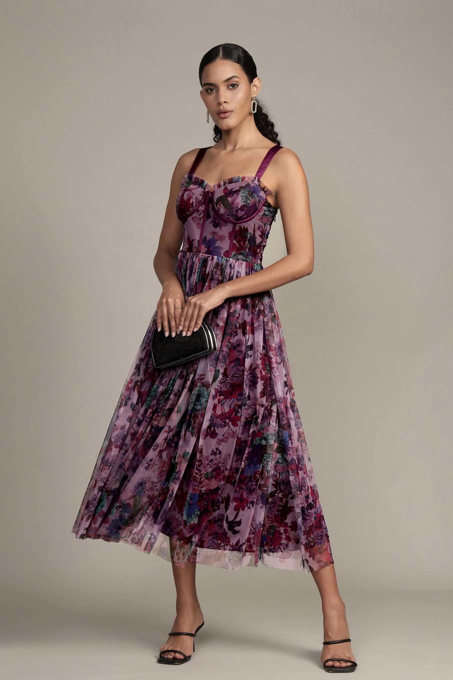 Dane Purple Print Corset Midi Dress