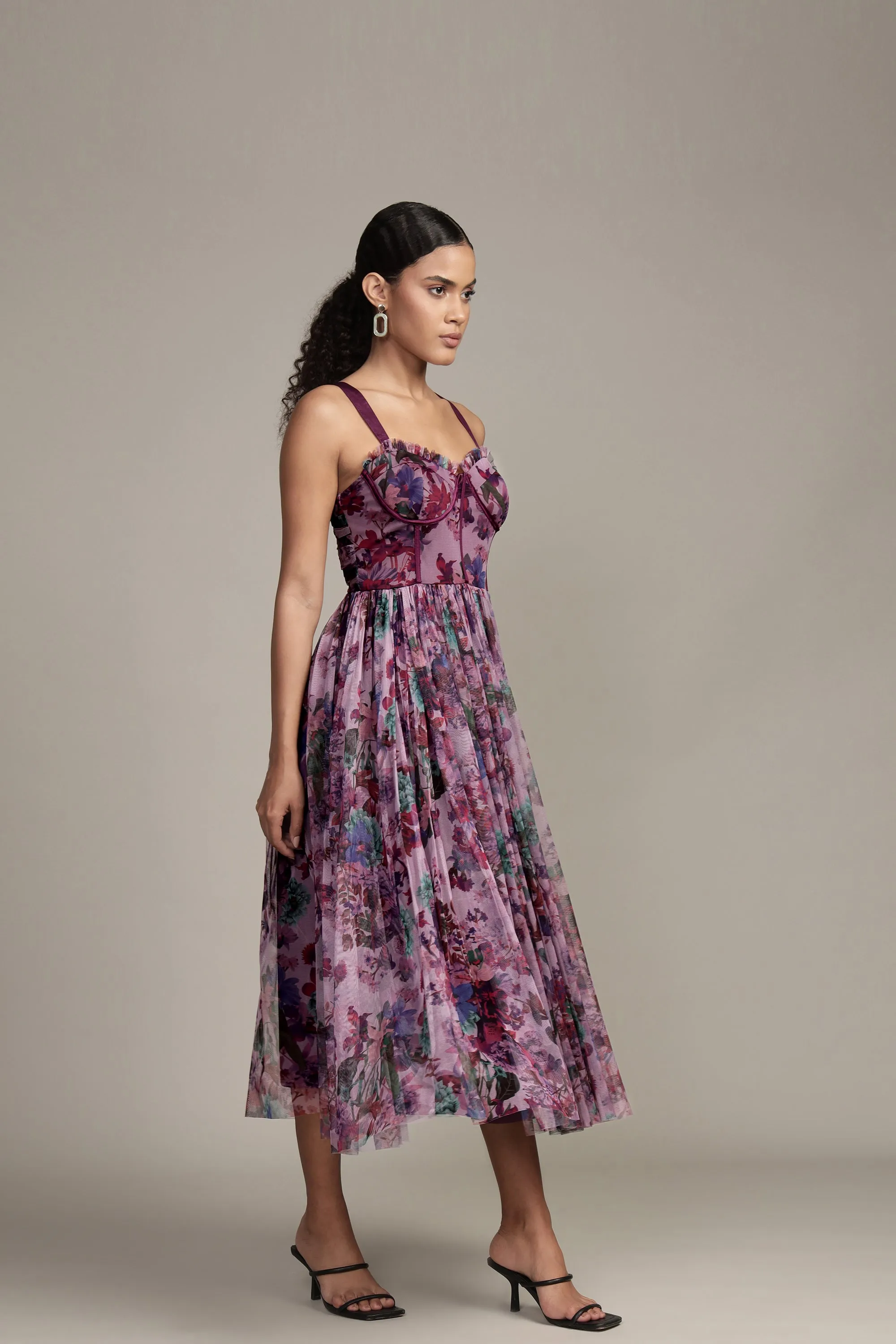 Dane Purple Print Corset Midi Dress