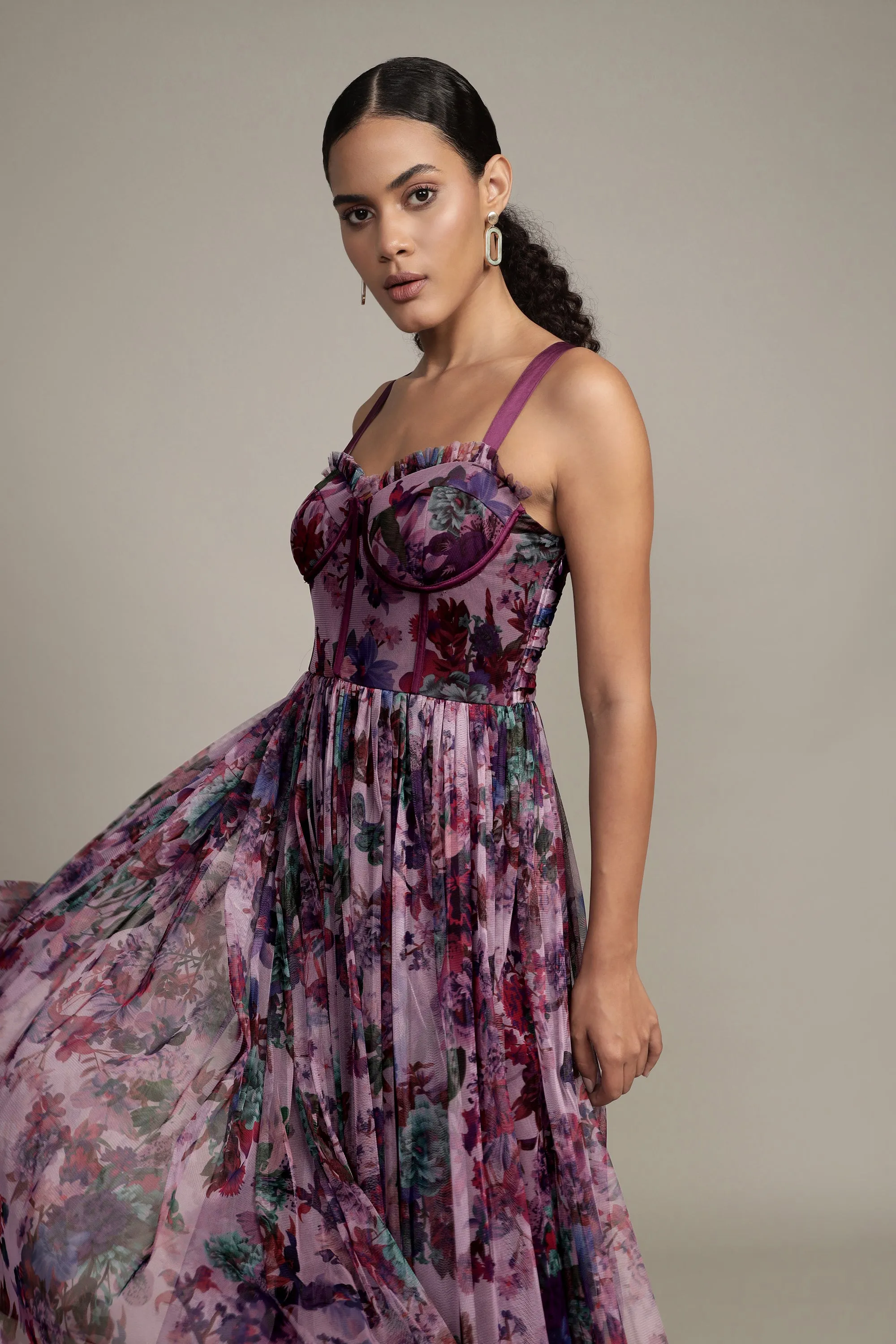 Dane Purple Print Corset Midi Dress