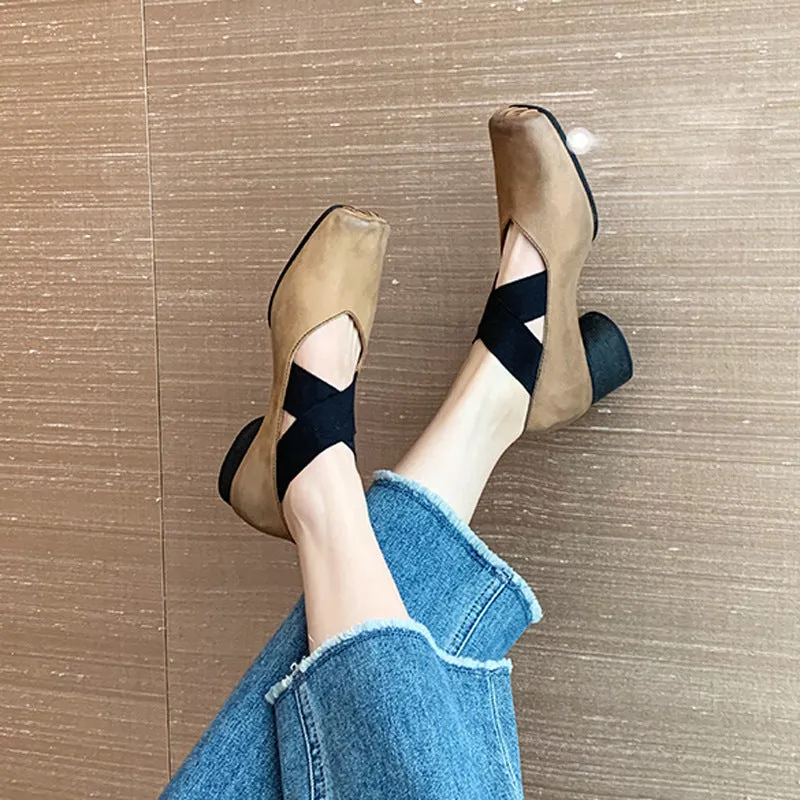 DEANWANGKT  Genuine Leather Mary Jane Pumps Autumn and Winter Retro Cross Belt Square Toe Comfortable Chunky Heel High Heel Pig Nose Ballet Shoes