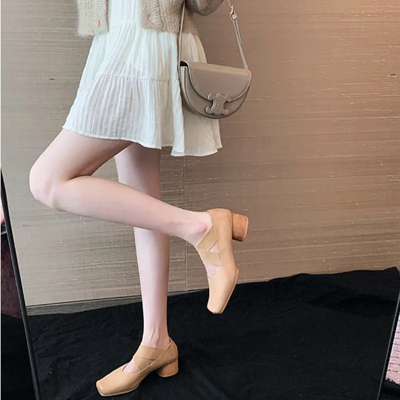 DEANWANGKT  Genuine Leather Mary Jane Pumps Autumn and Winter Retro Cross Belt Square Toe Comfortable Chunky Heel High Heel Pig Nose Ballet Shoes