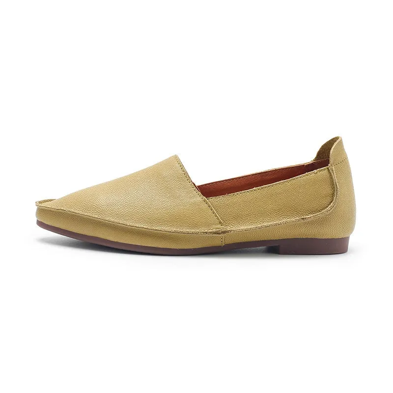 Designer Genuine Leather Slip-on For Women Handmade Pointed Toe Flats in Green/Brown/Beige