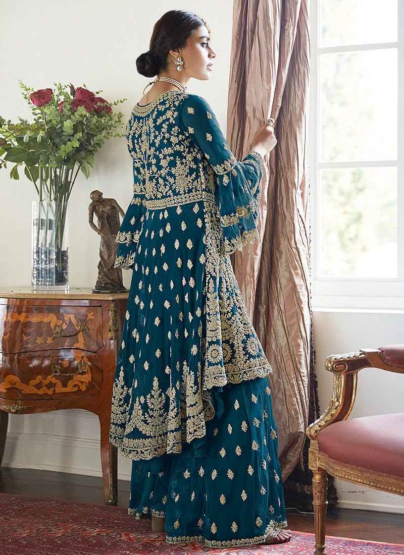 Dusky Blue Beige Multi Embroidered Designer Gharara Suit