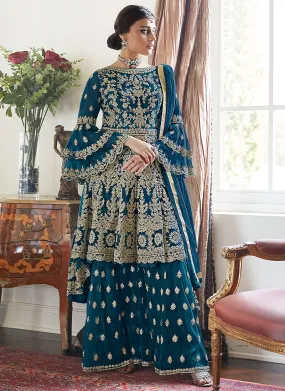 Dusky Blue Beige Multi Embroidered Designer Gharara Suit