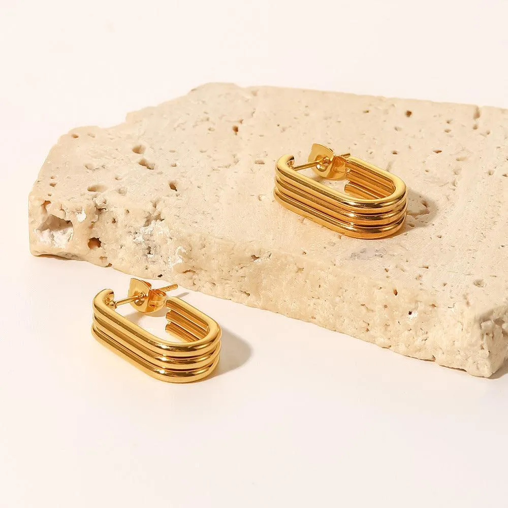 E18.18K gold three-layer ring U-shaped open earrings