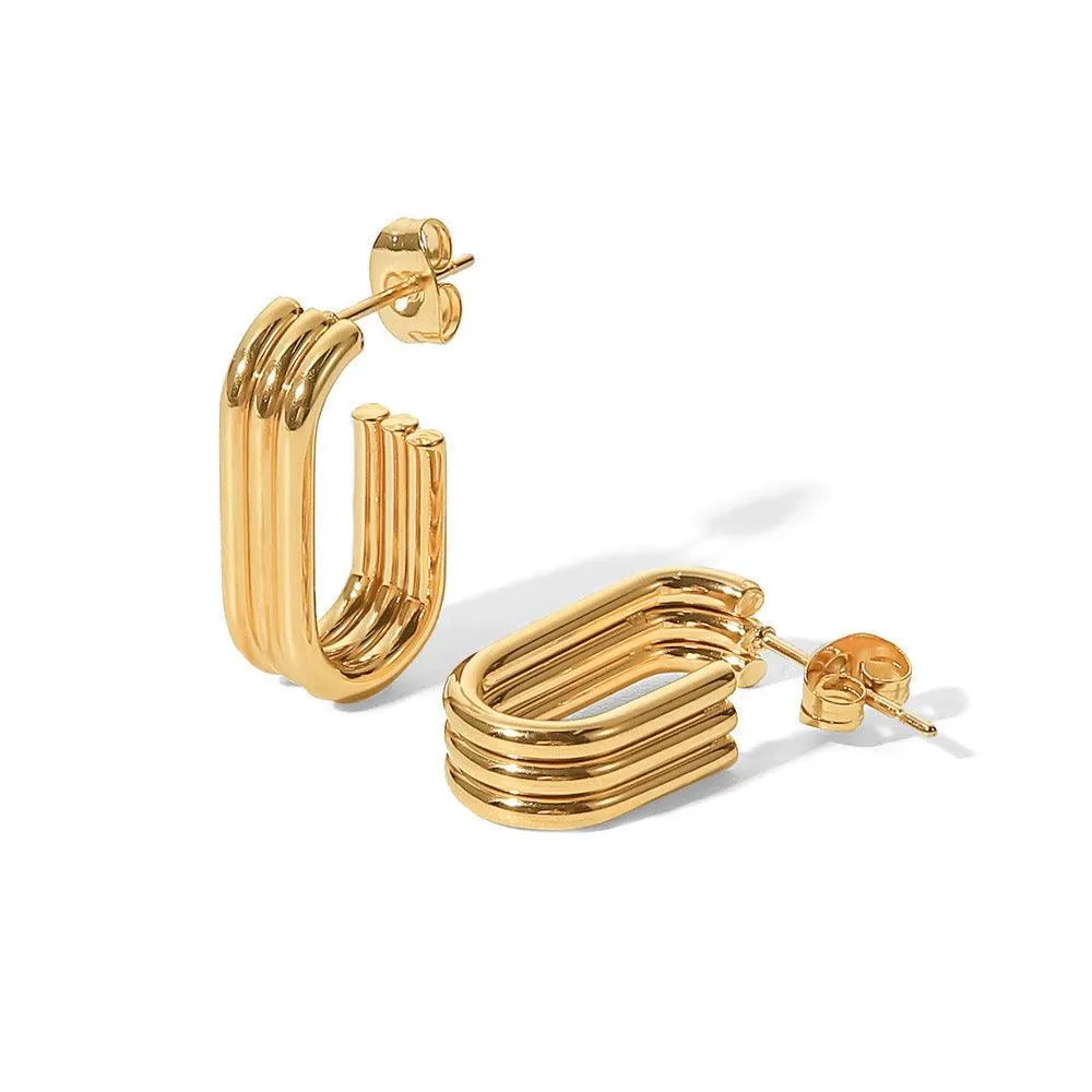 E18.18K gold three-layer ring U-shaped open earrings